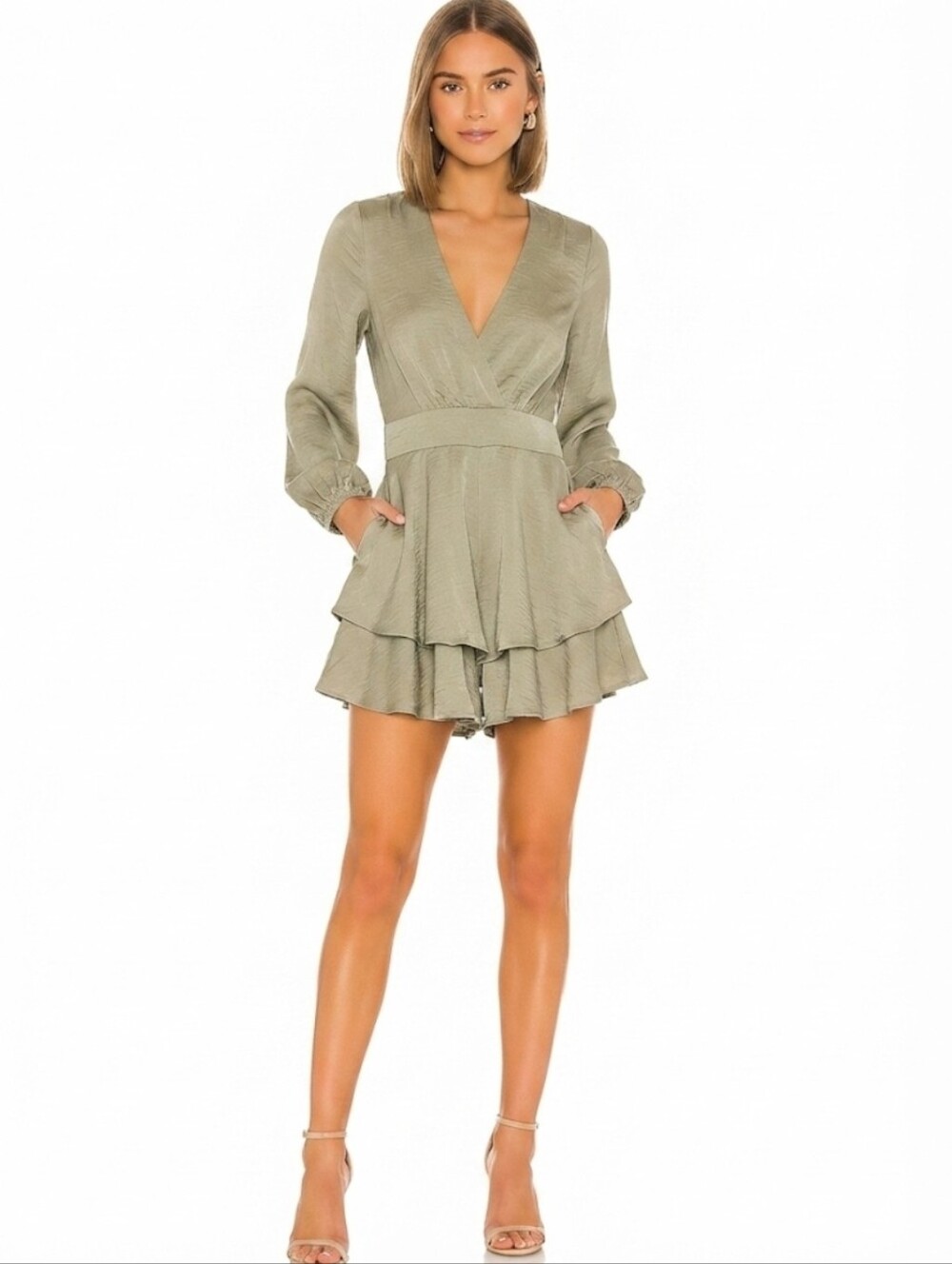HYFVE Olive Green V-Neck Tiered Romper Size S